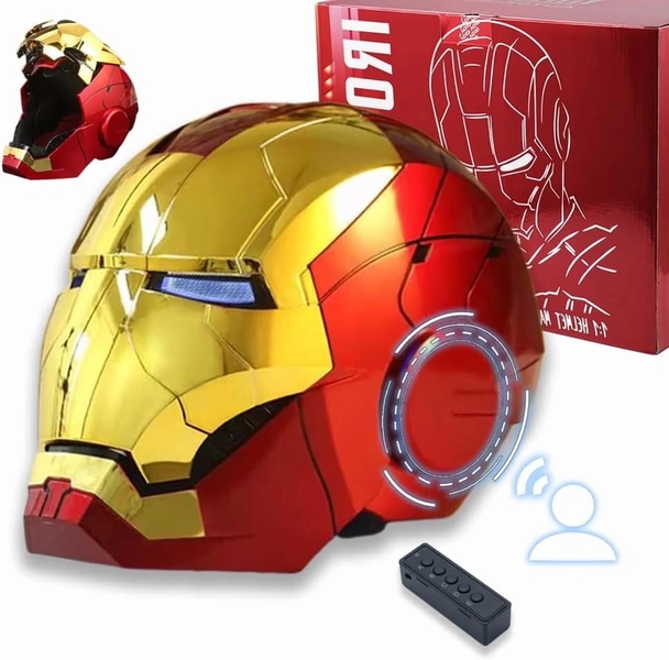 Guvpev Iron Hero Helmet - Superhero Electronic Mk 5 Helmet Mask Gold Voice Control/Sensing/Remote Control Open/Close with Sounds & LED Eyes Light Up Super Hero Movie 1:1 Model Prop