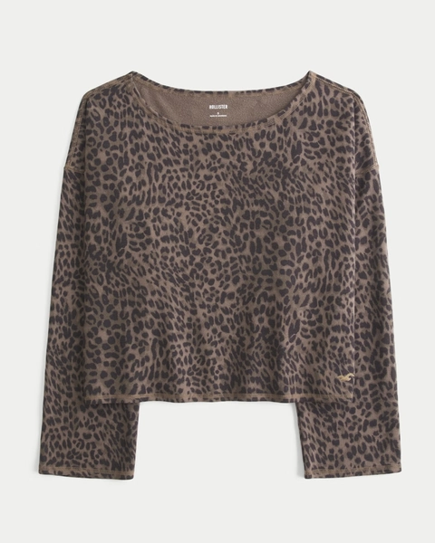 Easy Off-the-Shoulder Leopard Print Terry Sweatshirt