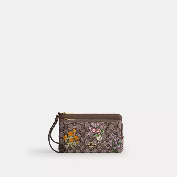 Double Zip Wristlet In Signature Jacquard With Floral Embroidery