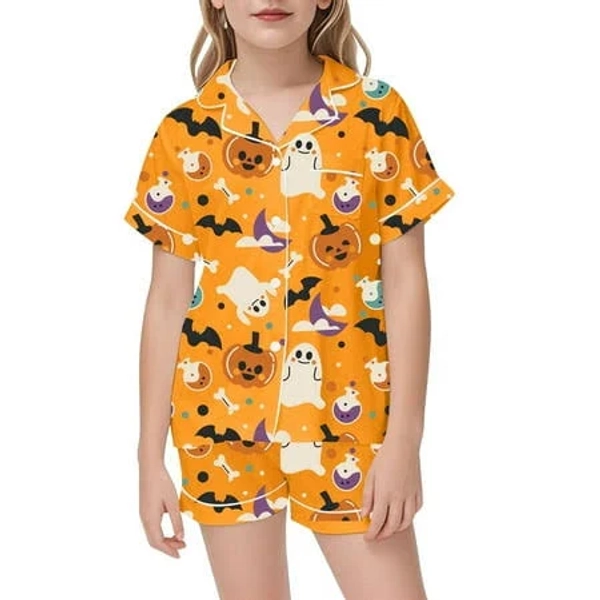 Mohlds Big Girls' Pajama Sets Silk Satin Cartoon Print Short Sleeve Button Down Top and Shorts Sleepwear Outfits, Infant Girl's, Size: 6-7Y, Orange
