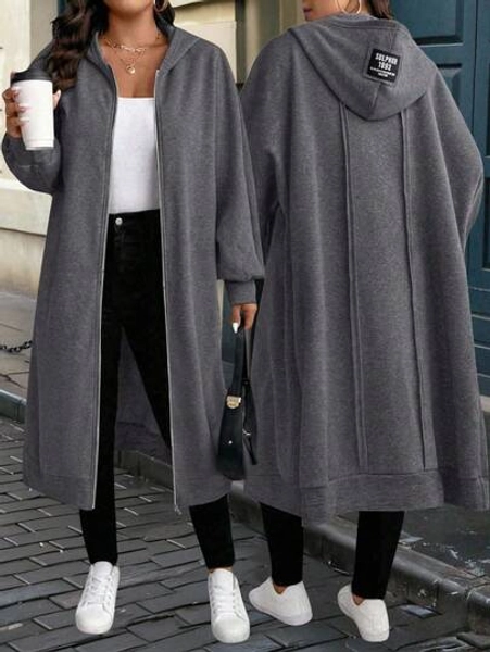 EMERY ROSE Plus Size Women Letter Printed Dropped Shoulder Long Sleeve Zip Front Long Casual Hooded Coat For Autumn Fall Winter Cloth For Women