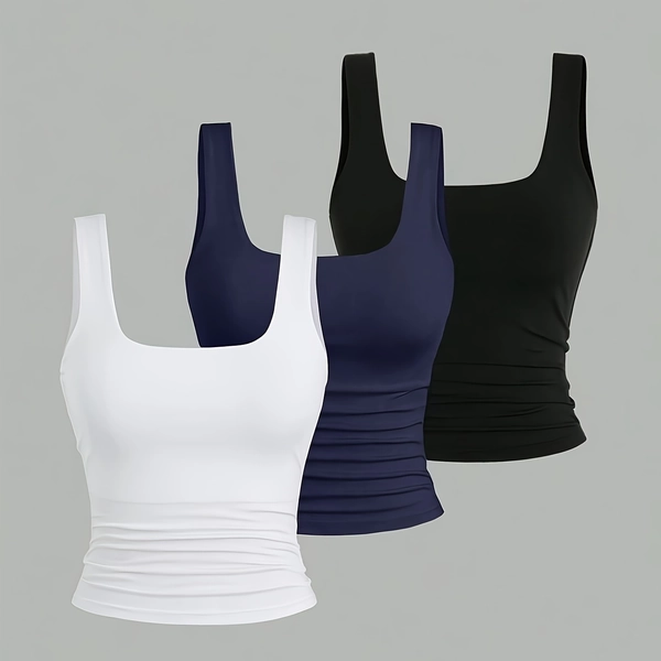 3pcs Girls' Teen Solid Color Square Neck Tank Tops, Side Ruched Waist Slim Fit, Comfortable Breathable Fabric, Summer Essential Sleeveless Camisoles for Girls Teens
