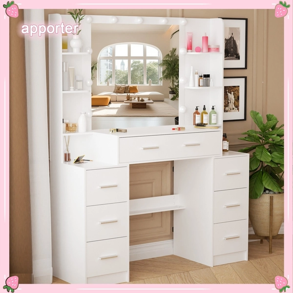 White Vanity Set With 11 LED Lights Makeup; Desk Mirror Dressing Dresser Table