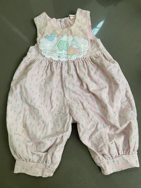 Vtg Baby Girls Pink Flowers On Corduroy Embroidered Romper Overall  3-6 Months