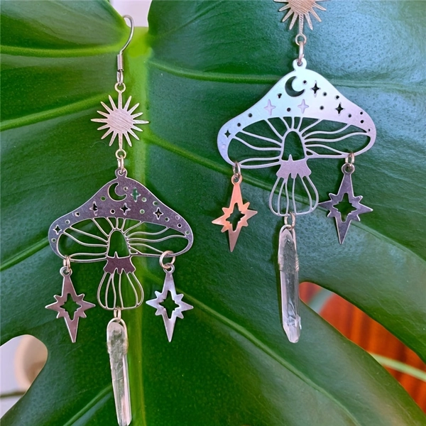 [Quartz Crystal Earrings] Natural Irregular Quartz Crystal Dangle Earrings - Cute Little Mushroom Earrings