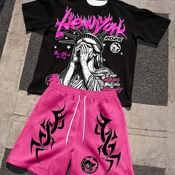 2pcs Men'S New York Graphic Print T-Shirt & Shorts Set - Casual Summer Streetwear, Tee with Statue of Liberty Design, Orange Drawstring Shorts, Regular Fit, Breathable Fabric for Casual Attire, Everyday Clothing | Trendy Streetwear | Comfortable Fit