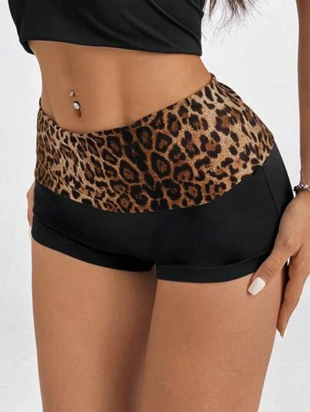 SHEIN PETITE Leopard Print Foldover Waist Ultra Low Rise Super Short Black Mini Shorts