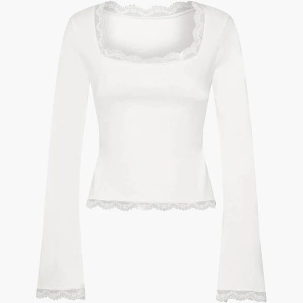 SOERA Women's Lace Trim Square Neck Long Bell Sleeve Top