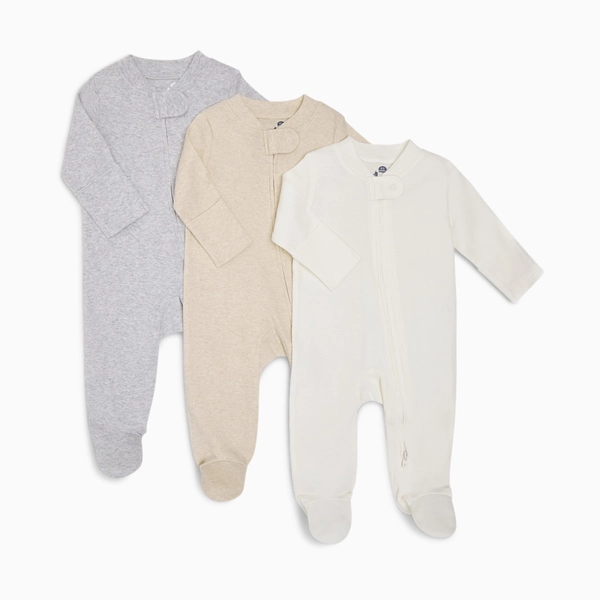 Small Story Organic Cotton Solid Zipper Footie (3 Pack) - Heather Gray, Oatmeal Heather, Ivory, 0-3 M | Babylist Shop