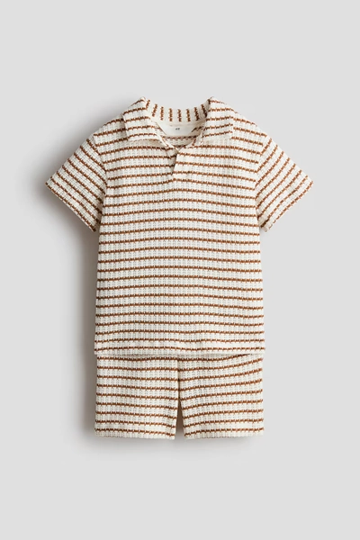 2-Piece Textured-Knit Set - White/brown striped