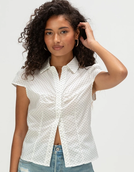 LOVE TREE Womens Polka Dot Button Up Shirt - WHITE - S