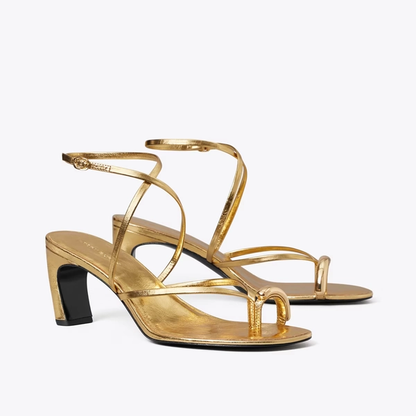 Pierced Multi-Strap Heeled Sandal in metallic, size 7