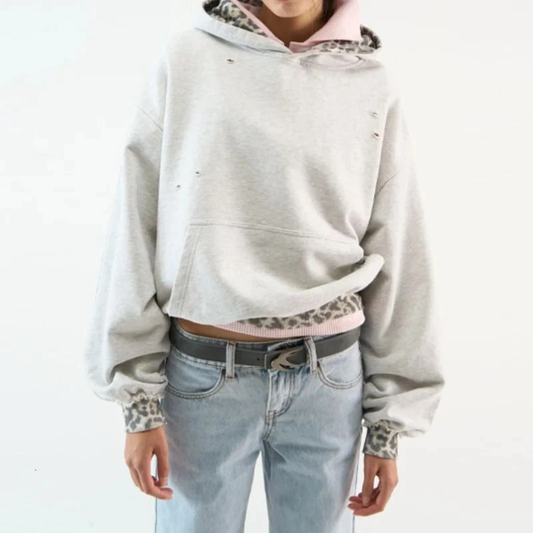 Sweat-shirt à capuche léopard élégant, décontracté, manches longues, poches, haut court ample, vêtements d'extérieur pour déplacements quotidiens, automne 251217