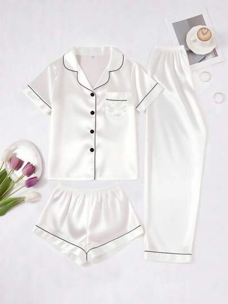 3pcs Women Contrast Trim Solid Color Faux Silk Collar Pajama Set Women Pajama Set Satin Sleepwear Set White Pj Set White Satin Pajama Set Silk Pjs Set