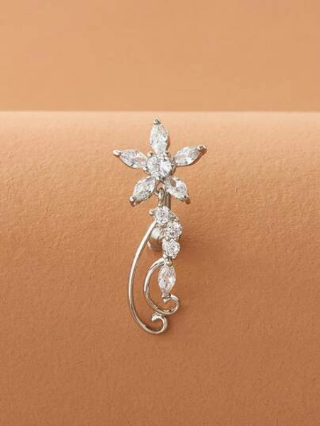 1pc Fashionable Zirconia Flower Navel Ring, Women's Body Jewelry Belly Button Piercing Accessories For Party