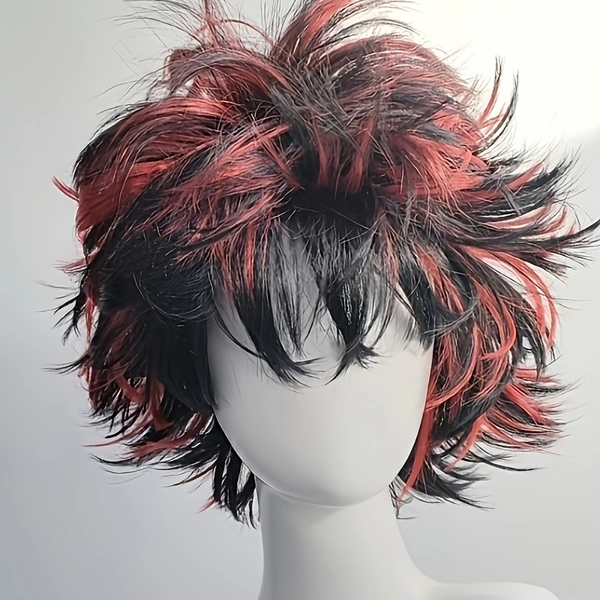 Men's 12-inch Black + Red Wig/Voluminous Styling/Red and Black Contrast Color/Short Hair/Full Head Anime Cosplay Wig for Daily Outfit Matching