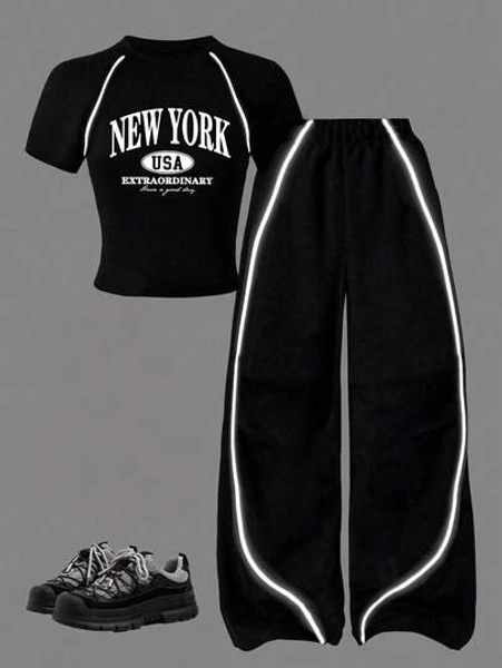 Tween Girl Cartoon Print Short Sleeve Top And Pants Set