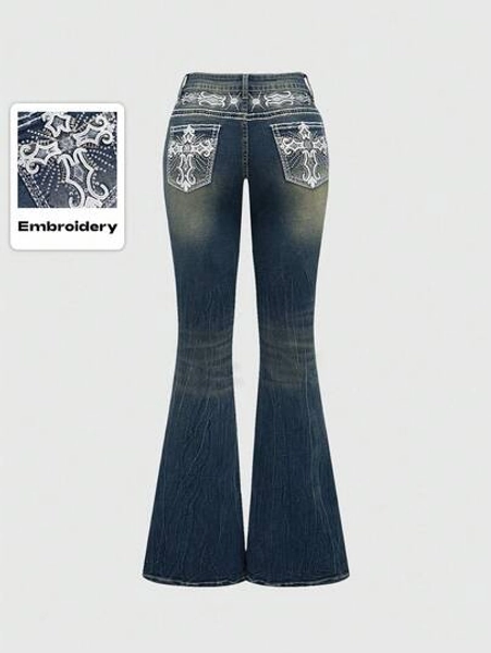 ROMWE Grunge Punk Y2K Vintage Crop Flare Low Waist Jeans For Women With Cross Embroidery Pockets