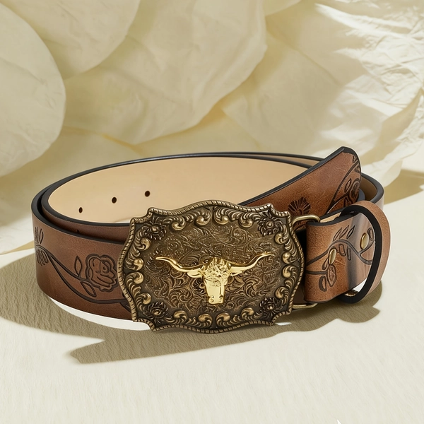 [Boho Cow Belt] Boho 1pc Western Style Belt - Women And Men's Retro Coffee Brown Carved Cow Head Buckle - Perfect for Daily Use