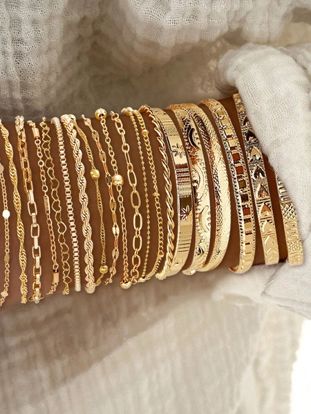 20pcs Fashionable, Minimalist, Elegant, Delicate, Retro Design Sense, Cute Geometric, Heart, Lock Chain, Round Bead, Sunface, Embossed Texture, Braided Face, Box Chain, Metal Style Bracelet Set, Suitable For Holiday, Party, Date, Gift, Daily Wear