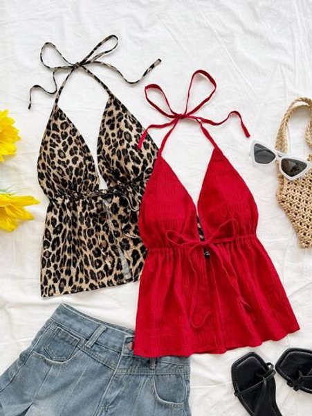 Soleia 2pcs/Set Vacation Sexy Leopard Print Camisole, Casual V-Neck Halter Backless Textured Fabric Red Tank Top For Holiday Date, Afternoon Tea, Vacation, Music Festival, Bohemian