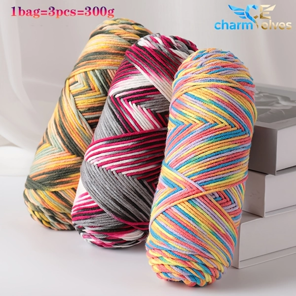 Colorful Gradient Yarn in Rainbow Hues, Suitable for Knitting And Projects. Ideal for Making Sweaters, Hats, Scarves, Shawls, Coats, And Shoes. One Set Includes Three Pieces Weighing 300G.