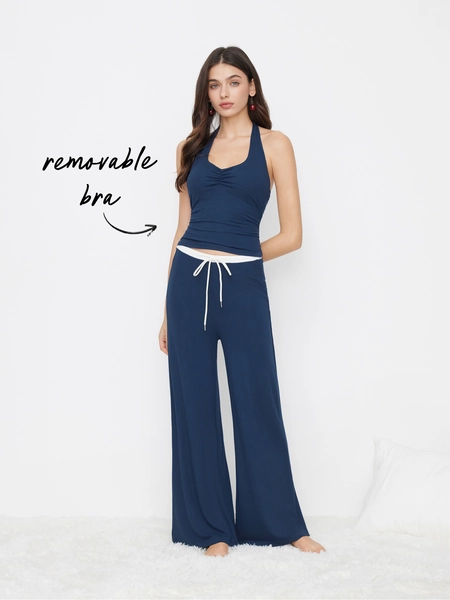 Knit Fabric Halter Neck Ruched Top With Removable Padding & Two Tone Mid Rise Drawstring Straight Leg Trousers Loungewear Set For Bedroom