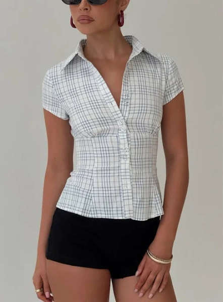 princess polly Cottesloe Blouse Top Blue Check Womens