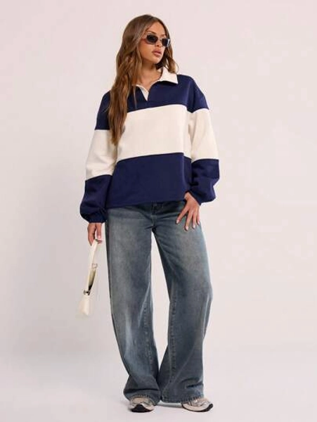 MUSERA Collared Striped Sport Jersey Sweatshirt Back To School Autumn Winter Cosy Fall Christmas Cute Everyday Capsule Wardrobe Y2K Streetwear Office Workwear Business Casual Christmas