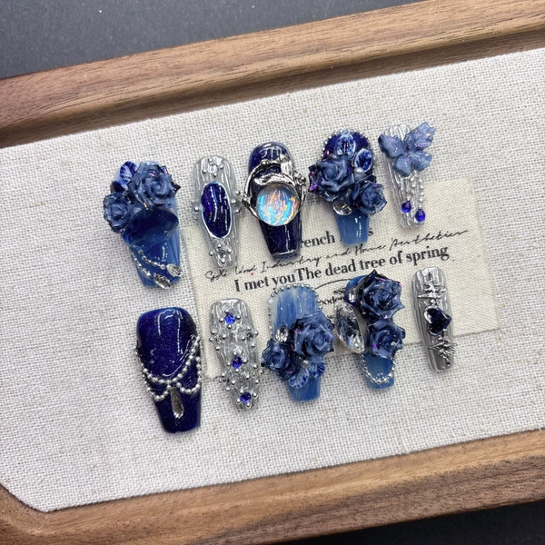 Deep Blue Dream Court Press On Nails 3D Rose Iridescent Rhinestone Flexible Resin Multiple Sizes Ideal for Court Outfits Dinners