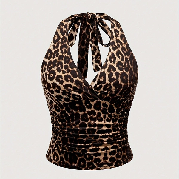 Leopard Print Halter Neck Top - Stylish Ruched Slim Fit Sleeveless Top - Polyester - For Spring & Summer - For Women - Perfect for Casual & Party Occasions - Great Gift for Fashionable Ladies