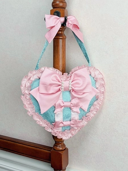 [£24.20]Heart-Shaped Jacquard Sweet Lolita Handbag with Ruffle Trim and Bows - 3 Color Options