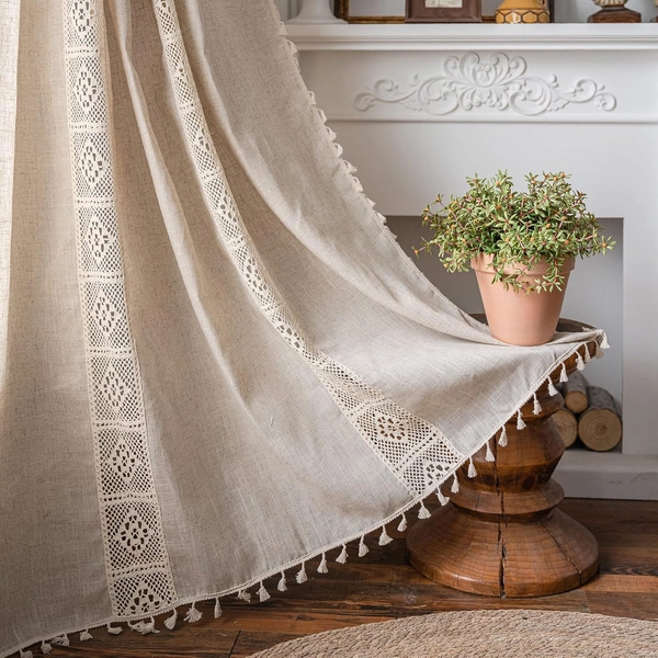 Rideaux en patchwork de dentelle au crochet beige, 1 pièce, style sac à tringle à pompons, semi-transparents (150x180cm)