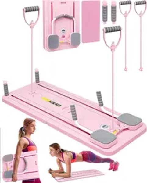 Ab Exercise Board with Foldable HomePilates Reformer, Knee Mat, Timer, and Resistance Bands for Abdominal & Core Strength Training Pink Stomach Workout Equipment