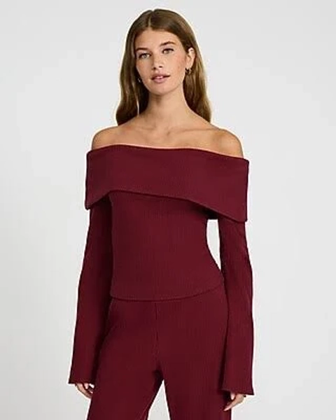 Express Women's Cozy Ribbed Fold Over Off The Shoulder Long Sleeve T-Shirt