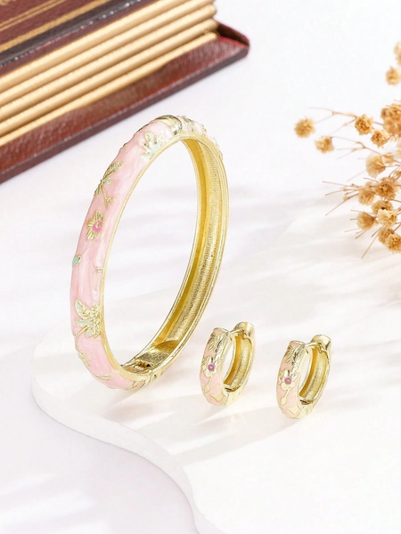 1 Set Fashion New Gold-Plated Floral Enamel Bracelet, Necklace And Earrings, Suitable For Girls And Women