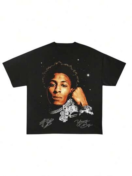 Black Character Portrait Printed Loose T - Shirt Baby Tees