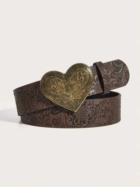 1pc Vintage Western Style Coffee Floral Heart Decor PU Leather Belt For Women, Suitable For Jeans, Casual Wear And Commuting, Halloween Outfit Summer, School Fall, Autumn, Halloween