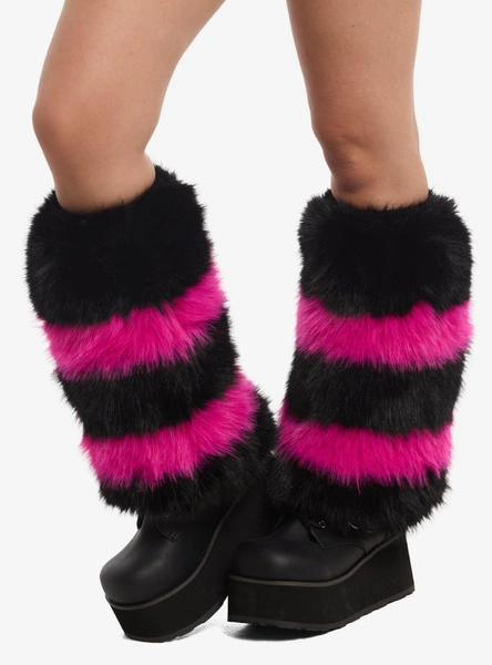 Black & Magenta Stripe Furry Leg Warmers