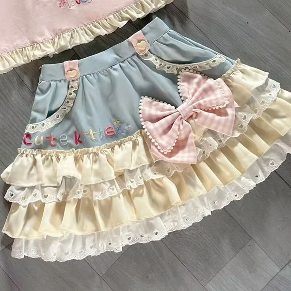 Y2K JK Lolita Japan Kawaii Girl Cute Sweet Lace T-shirt Lolita Print Tops Bow Cake Blouse  A-line Spliced Cake Skirt New Chic - AliExpress 
