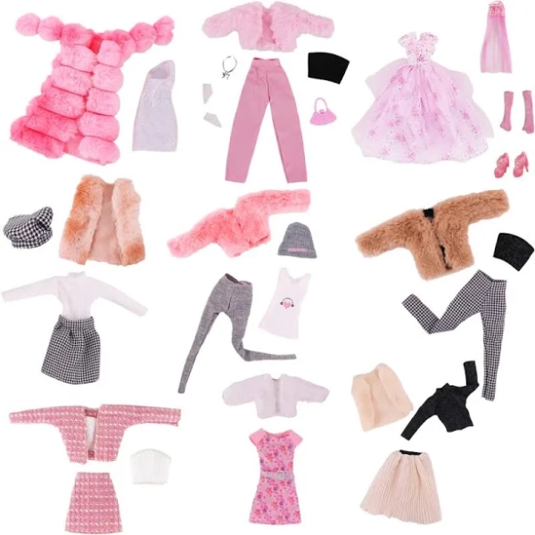 4 Pcs/Set Fur Vest Coat + Dress/Casual Outfit for 30cm 11.8 inch Doll Clothes Accessories Plush