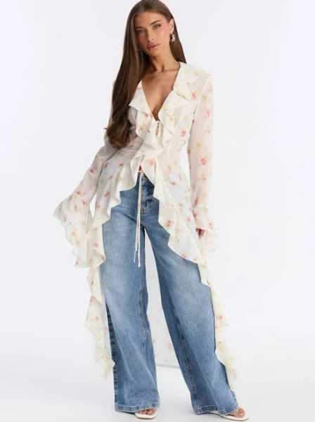 Fashion Nova Ruffle Floral Long Sleeve Flyaway Top