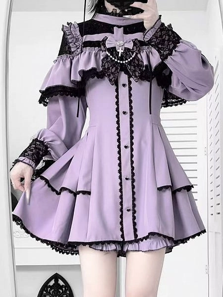[$76.00]Jirai Kei Violet Two-Piece Set - Illusion Neckline with Crossed Design Dress & Coord Shorts