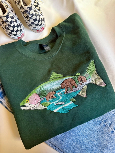 Alaskan Salmon Bear Scene Embroidered Crewneck: Nature Cotton Sweater