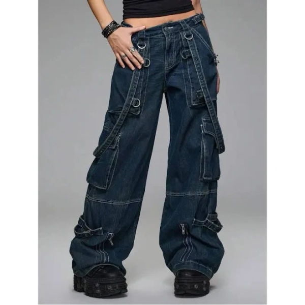 Grunge Punk Women's Punk Retro Cargo Crossed Rivet Webbing Low Waist Jeans