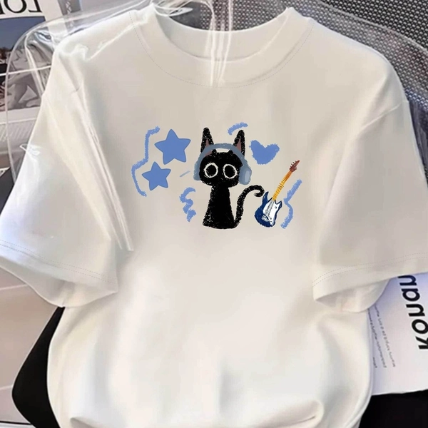 Headphones, Guitar And Black Cat Prints, Blue Patterns Of Stars And Hearts, Musical Elements, Playful And Cute, Stylish And Versatile Prints, Casual And y Loose T-shirts, Party Outfits, Showcasing Personality, Cute Gifts