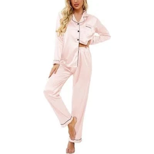 Ekouaer Women's Classic Button Down Long Pajama Set in Satin Silk