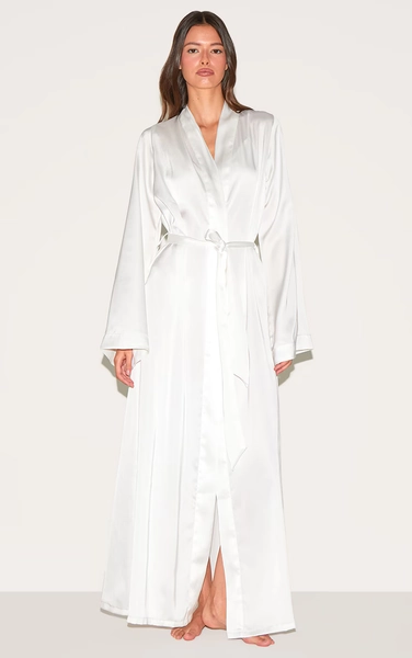 White Bride Embroidered Satin Maxi Robe