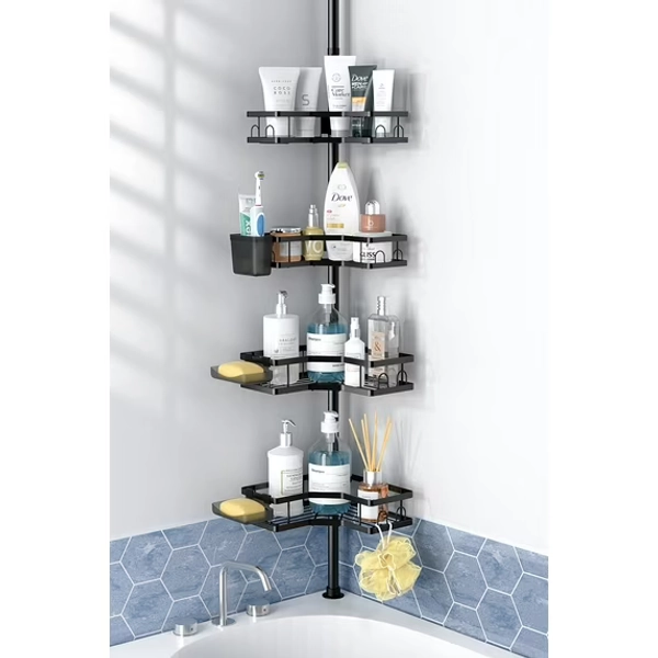 Aitatty Shower Caddy with Tension Pole: 4 Tier Adjustable L-shaped Corner Shower Organizer for Bath Essentials, 43.5 to 120 Inch, Black