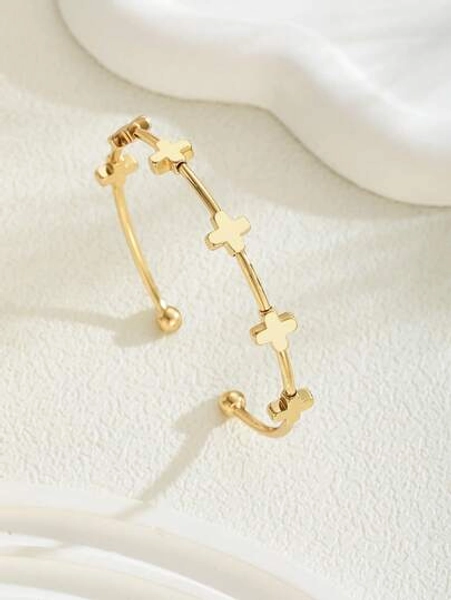 1pc Minimalist Style Geometric Design Golden Cross Stainless Steel Open Bangle For Kids Girls For Daily Wear And Matching